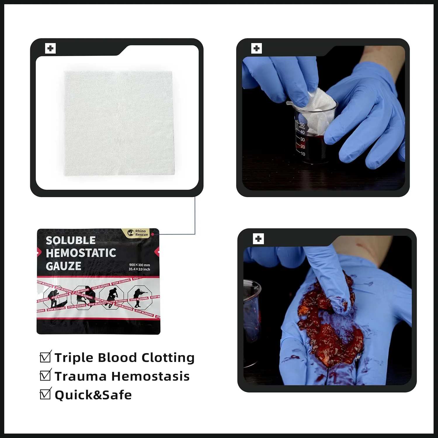 RHINO RESCUE Soluble Hemostatic Gauze Dressing 4"*35"(3ft) for Quick Clotting, Stop Bleeding Gauze for Combat, Trauma, IFAK Refill, Wound Kit, 2 Count