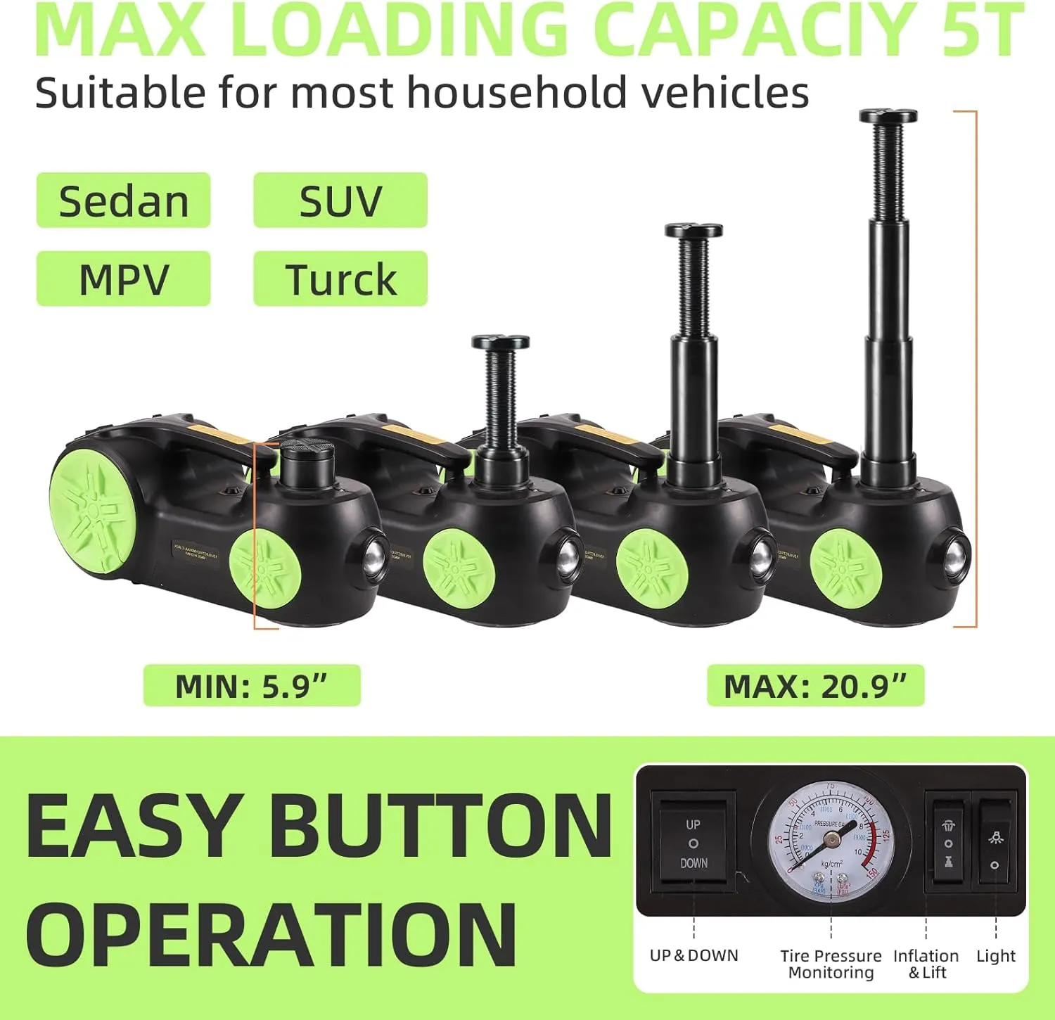 ROGTZ Upgraded Electric Car Jack Kit 5 Ton Floor Jack Hydraulic with Tire Inflator Lifting Range: 5.9-20.90 inch,Car Lift for Vehicle Roadside Emergency Tire Repair Kit (Jack Only, Green)