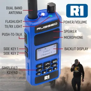 Rugged Radios Ready Pack Two Way Handheld Radio Walkie Talkie is Easy to Grab and Ready for Any Emergency, Road Trip or Adventure. R1 2 Pack with Accessories