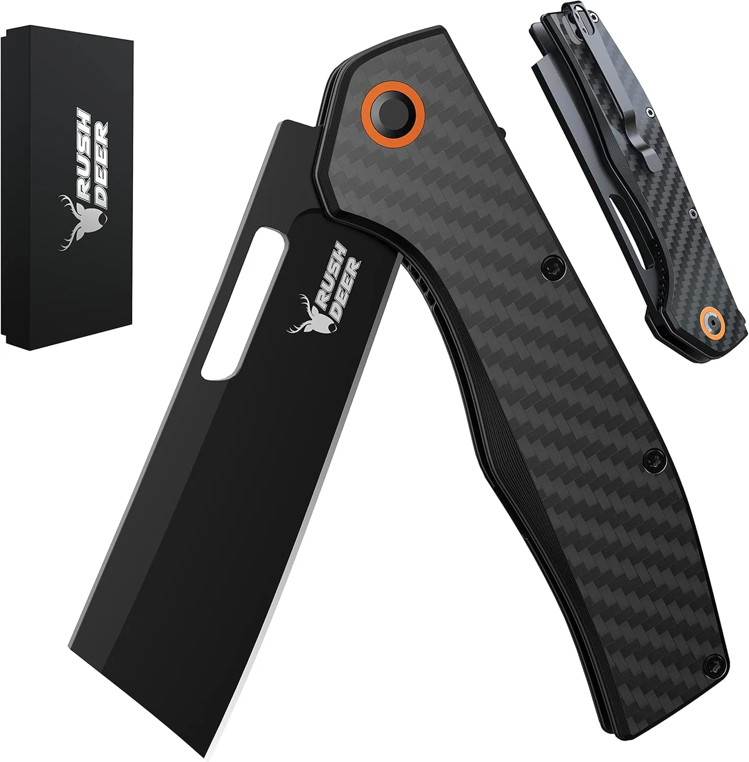 Rush Deer D2 Steel Blade Pocket Knife,Folding Knife with Clip & Carbon Fiber Handle,EDC Knife Utility Knife for Hiking Camping Fishing Work Outdoor Etc.Unique Gifts for Men Women Dad Husband Boyfriend