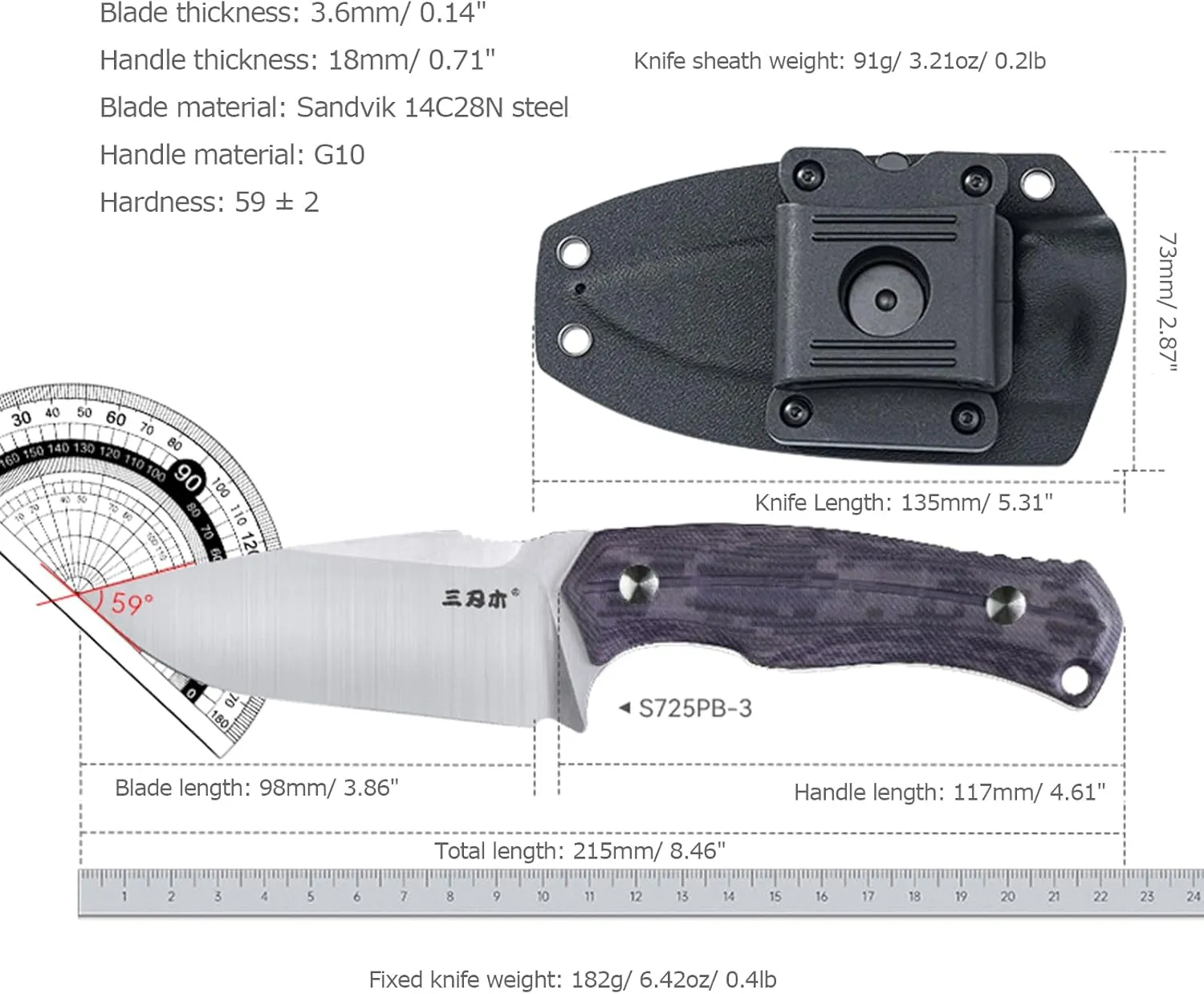 Sanrenmu Fixed Blade Knife Full Tang 3.86" 14C28N Blade with Rotatable Sheath G10 Handle EDC Utility for Outdoor, Survival, Hiking, Camping S725P (Purple)