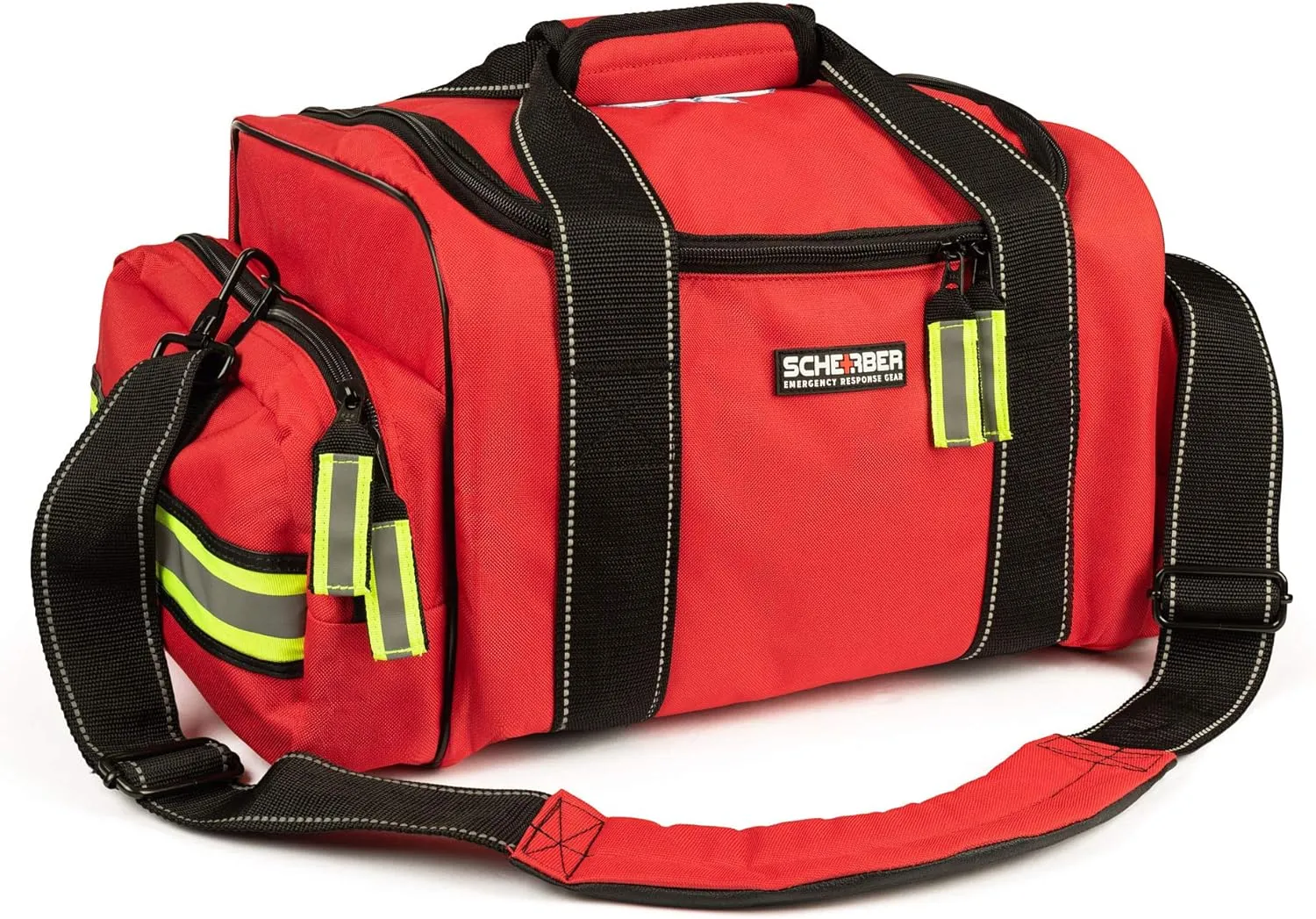 Scherber First Responder Fully-Stocked Large Professional Essentials EMT/EMS Trauma Kit | HSA/FSA Approved | Reflective Bag w/8 Zippered Pockets & Compartments & 250  First Aid Supplies (Red)