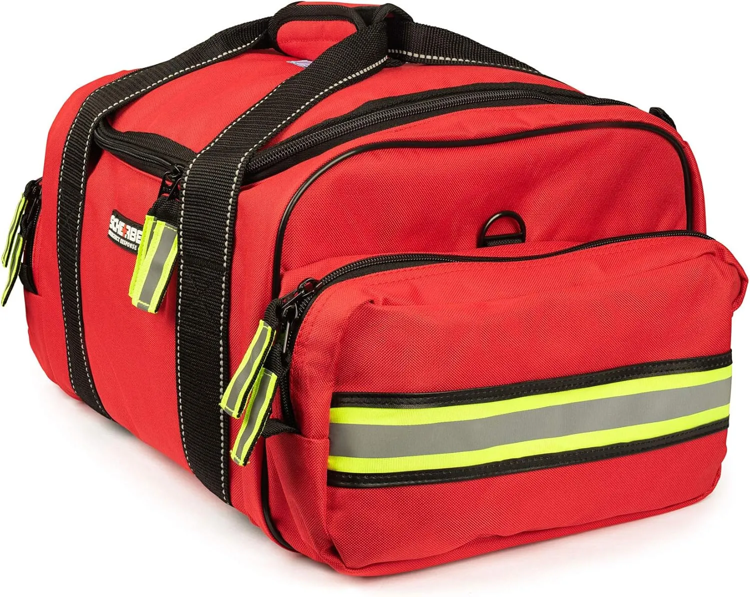 Scherber First Responder Fully-Stocked Large Professional Essentials EMT/EMS Trauma Kit | HSA/FSA Approved | Reflective Bag w/8 Zippered Pockets & Compartments & 250  First Aid Supplies (Red)