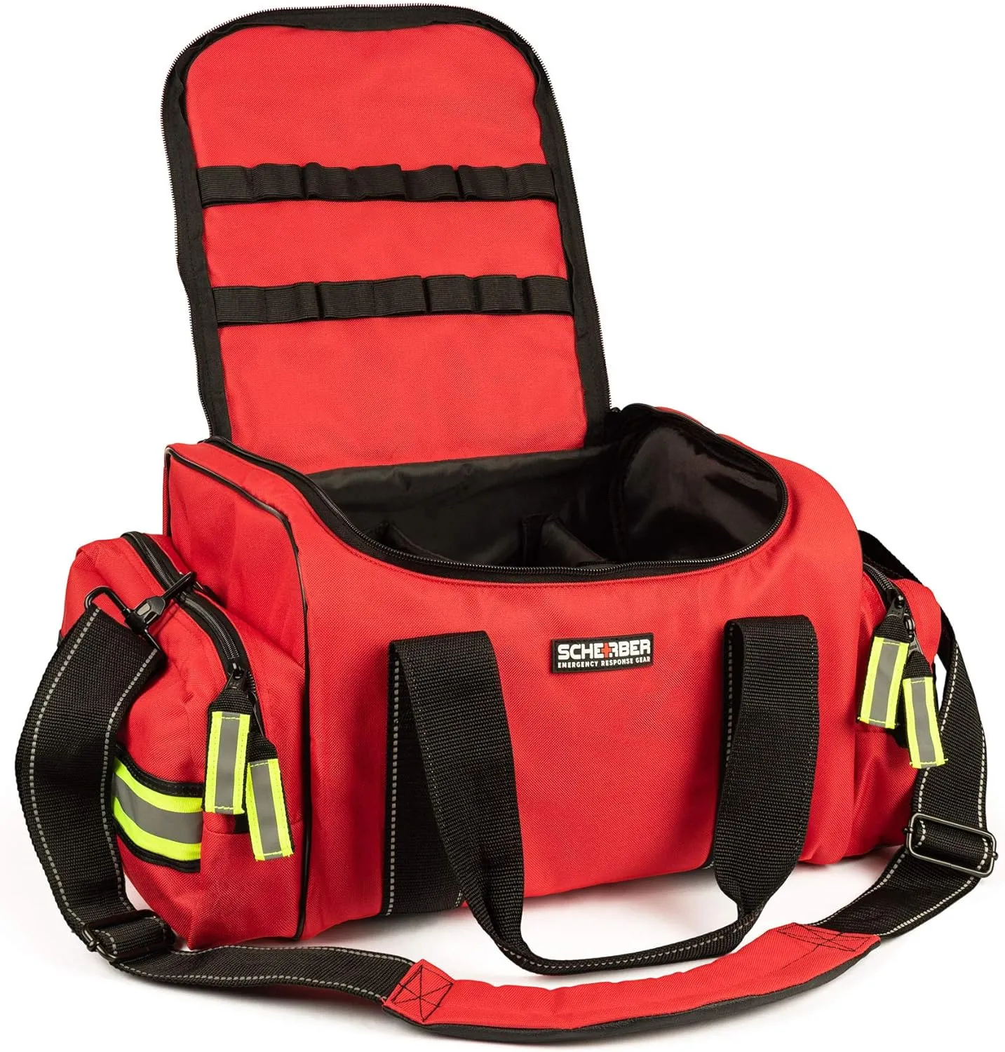 Scherber First Responder Fully-Stocked Large Professional Essentials EMT/EMS Trauma Kit | HSA/FSA Approved | Reflective Bag w/8 Zippered Pockets & Compartments & 250  First Aid Supplies (Red)