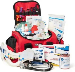 Scherber First Responder Fully-Stocked Large Professional Essentials EMT/EMS Trauma Kit | HSA/FSA Approved | Reflective Bag w/8 Zippered Pockets & Compartments & 250  First Aid Supplies (Red)