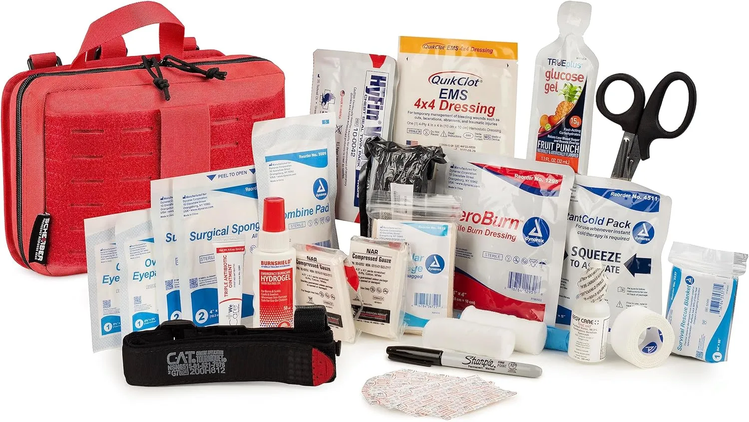 Scherber Vehicle IFAK Emergency Trauma Kit | 90  Medical Supplies & Equipment, NAR Tourniquet & CPR Mask | Fully Stocked Rip Away Molle Pouch for Car, Home & Professional First Aid | Intermediate, Red