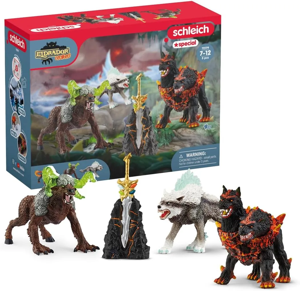 Schleich Eldrador Creatures - 5 PC Fantasy Creature Set - Ice Wolf, Lava Hound, Rock Beast and Sword Figure Playset - Animal Monster Figurines for Boys and Girls - Durable Fun Toys for Kids Ages 7 