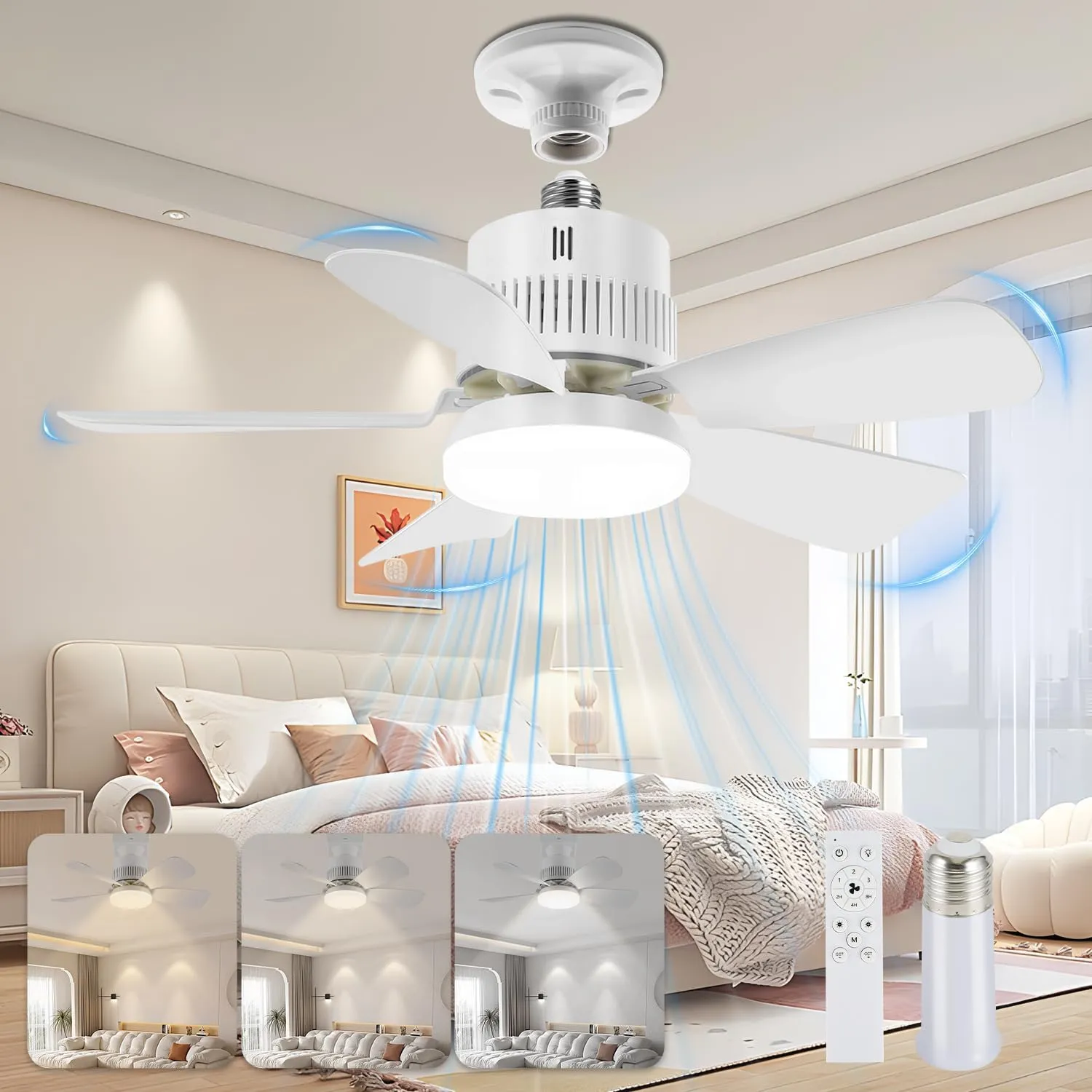 Screw-in Socket Light Fan with Remote, Ultra-Quiet High-Speed Fan, Adjustable 1000LM LED Lighting, Memory Save, Built for Closets, Kitchens, Attics, Kids Rooms & Compact Spaces