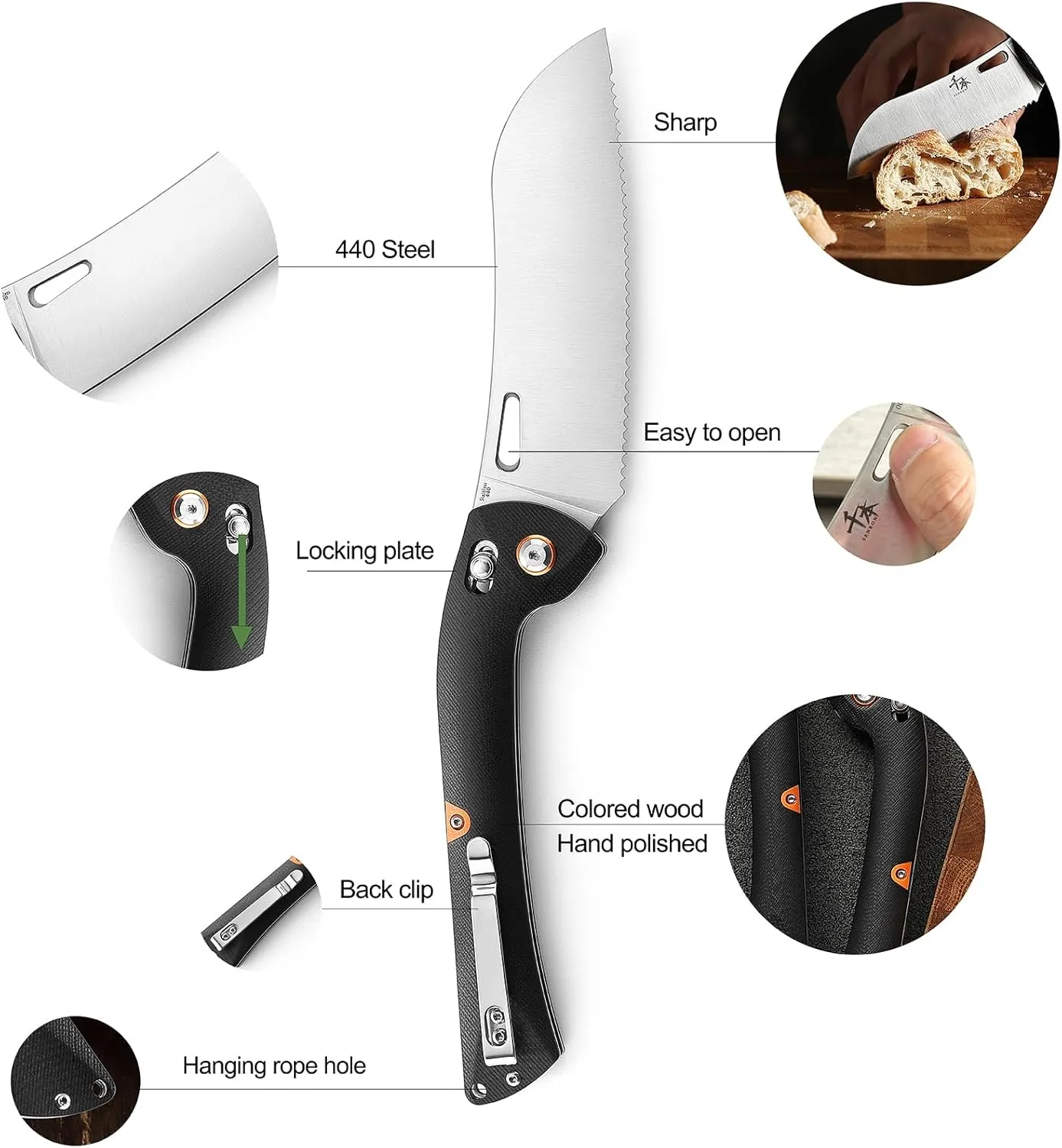 SENBON 440 Stainless Steel Super Sharp Pocket Folding Chef Knife Handle Camping Barbecue Outdoor Back Clip Portable