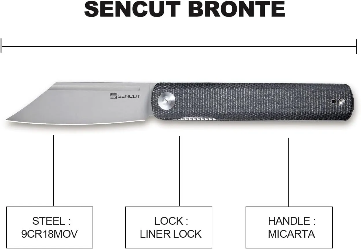 SENCUT Bronte Folding Pocket Knife with Front Flipper Opener, 3.38 Inch Blade Black Micarta Handle SA08A