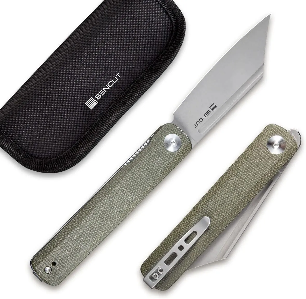 SENCUT Bronte Folding Pocket Knife with Front Flipper Opener, 3.38 Inch Blade Green Micarta Handle SA08B