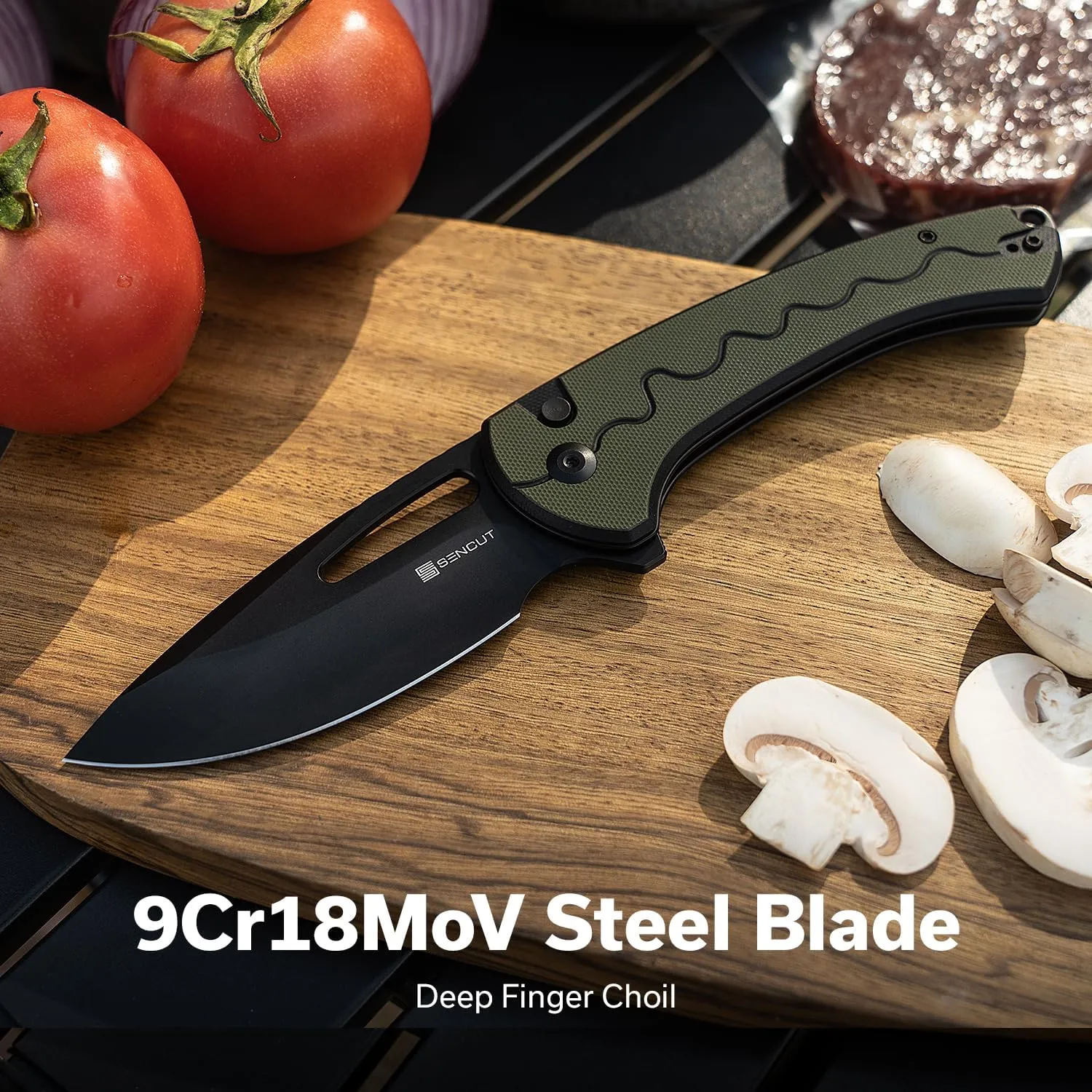 SENCUT Squiggy Pocket Knife, Camping Folding Knife with 3.89'' 9Cr18MoV Blade & G10 Handle, Reversible Clip for EDC Hiking S24082A-2 (Black/Green)