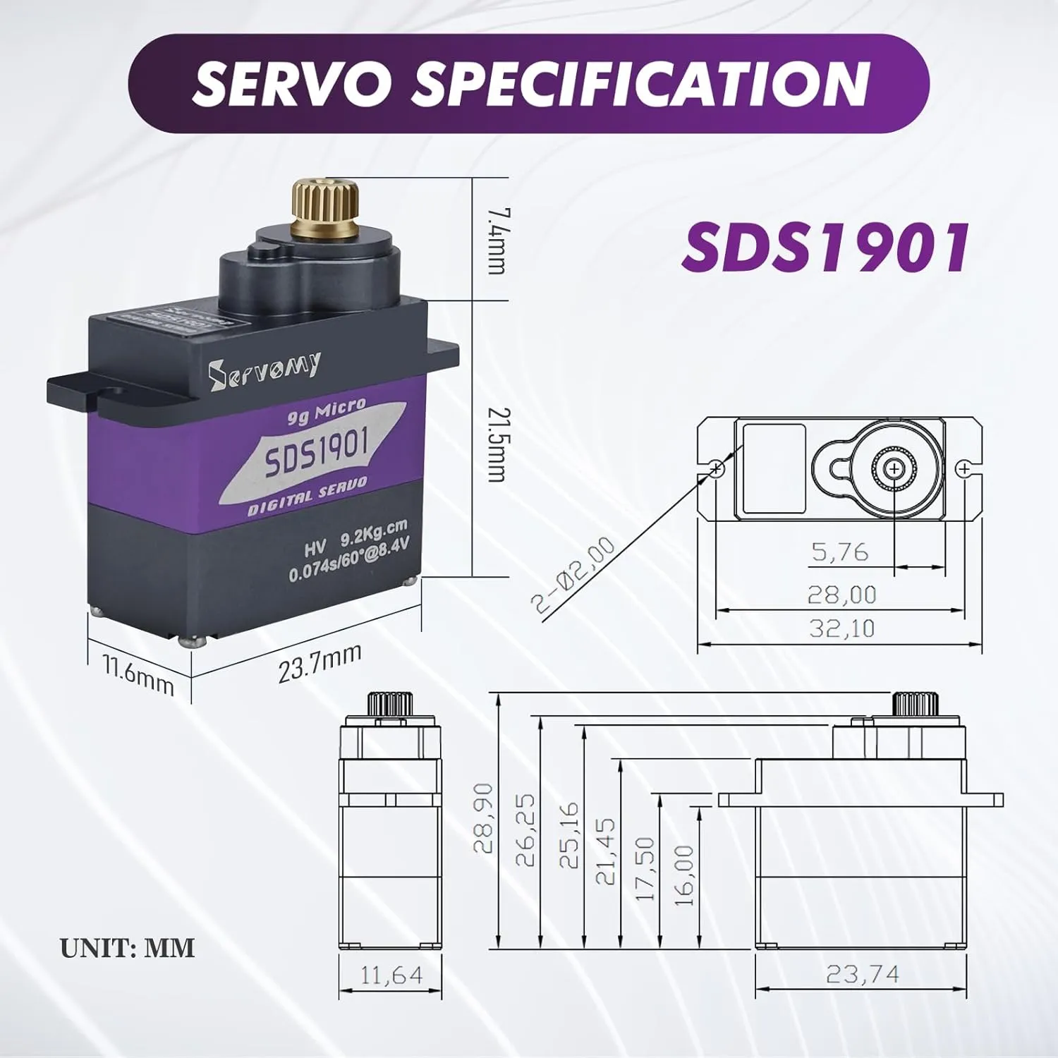 SERVOMY-SDS1901, SG90/MG90S Mini Size, High Torque Micro Servo, 9kgf.cm 0.07s 5.0-8.4V, Coreless Motor Metal Case & 21T Arm, for Robots, Aircraft, Cars, Education (Grey 21T, 180°)