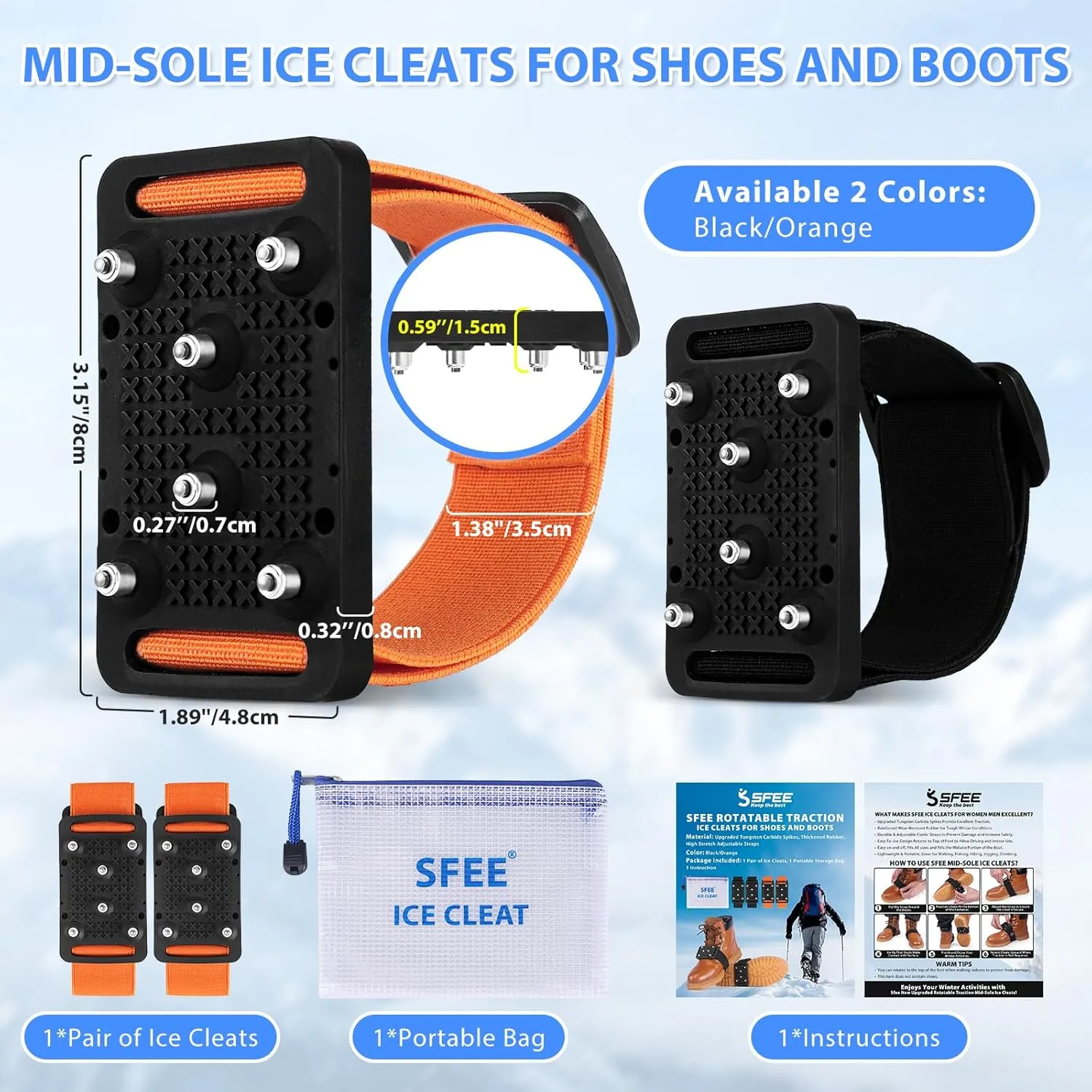 Sfee Ice Cleats Crampons, Easily Rotate Ice Grippers Ice Cleats for Shoes and Boots with Tungsten Studs Shoe Spikes