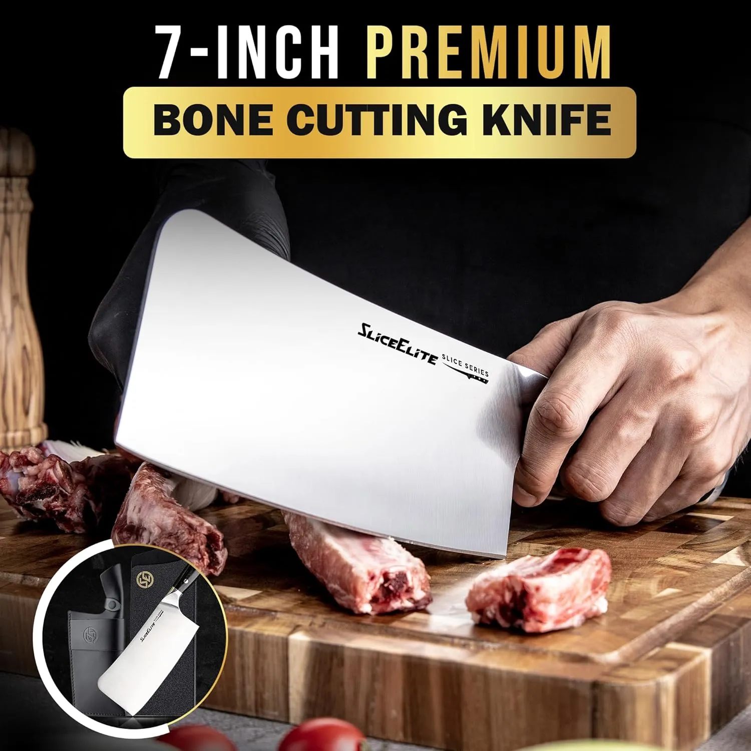 Slice Series 7-Inch Bone Cutting Knife – High Carbon German Steel, Pakkawood Handle | Meat Cleaver Knife & Chopper Butcher Knife with Durable Polymer Blade Guard | Meat Bone Cutter & Chopping