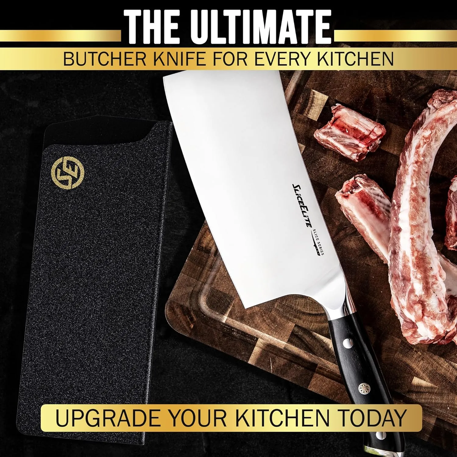 Slice Series 7-Inch Bone Cutting Knife – High Carbon German Steel, Pakkawood Handle | Meat Cleaver Knife & Chopper Butcher Knife with Durable Polymer Blade Guard | Meat Bone Cutter & Chopping