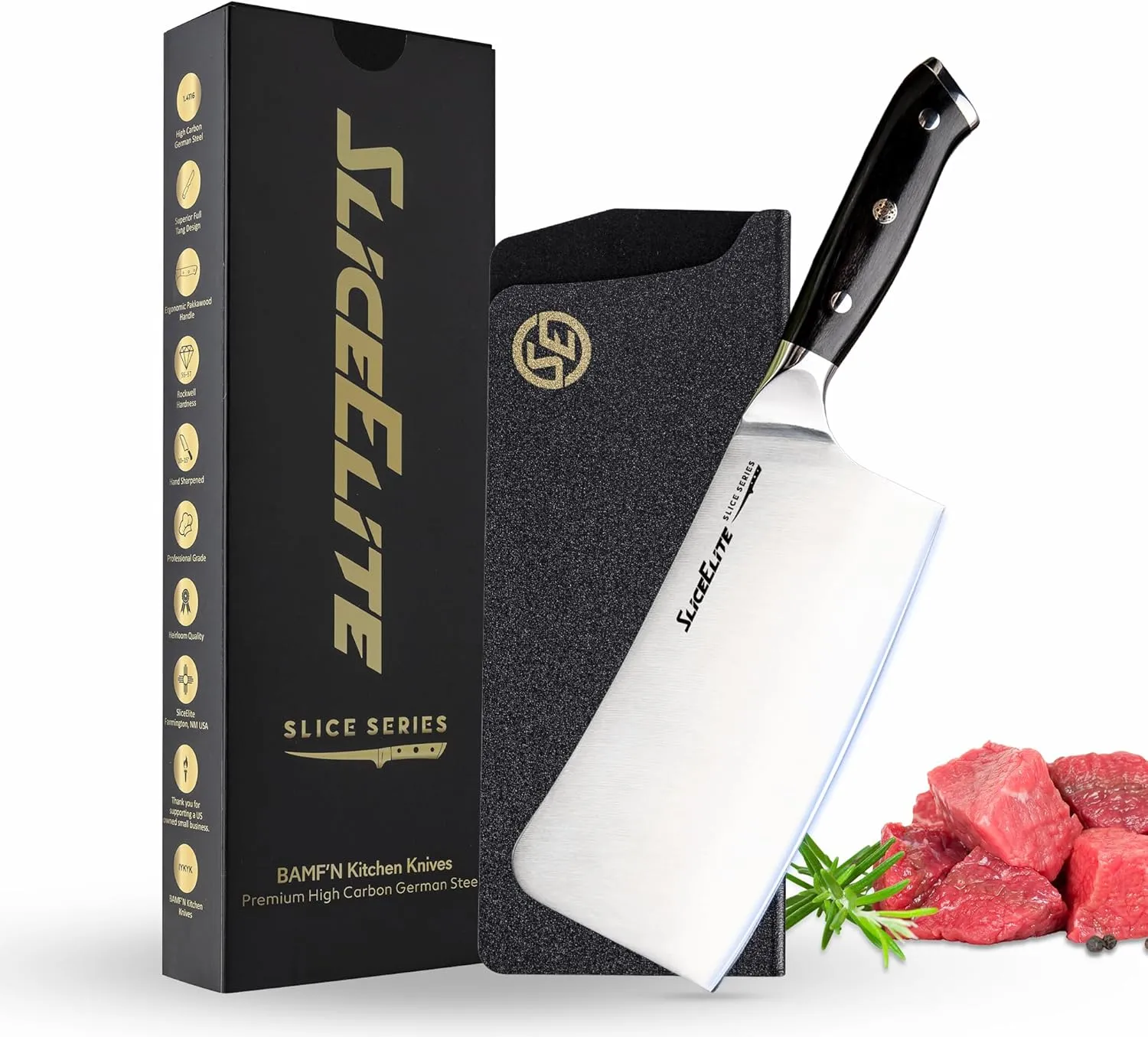 Slice Series 7-Inch Bone Cutting Knife – High Carbon German Steel, Pakkawood Handle | Meat Cleaver Knife & Chopper Butcher Knife with Durable Polymer Blade Guard | Meat Bone Cutter & Chopping