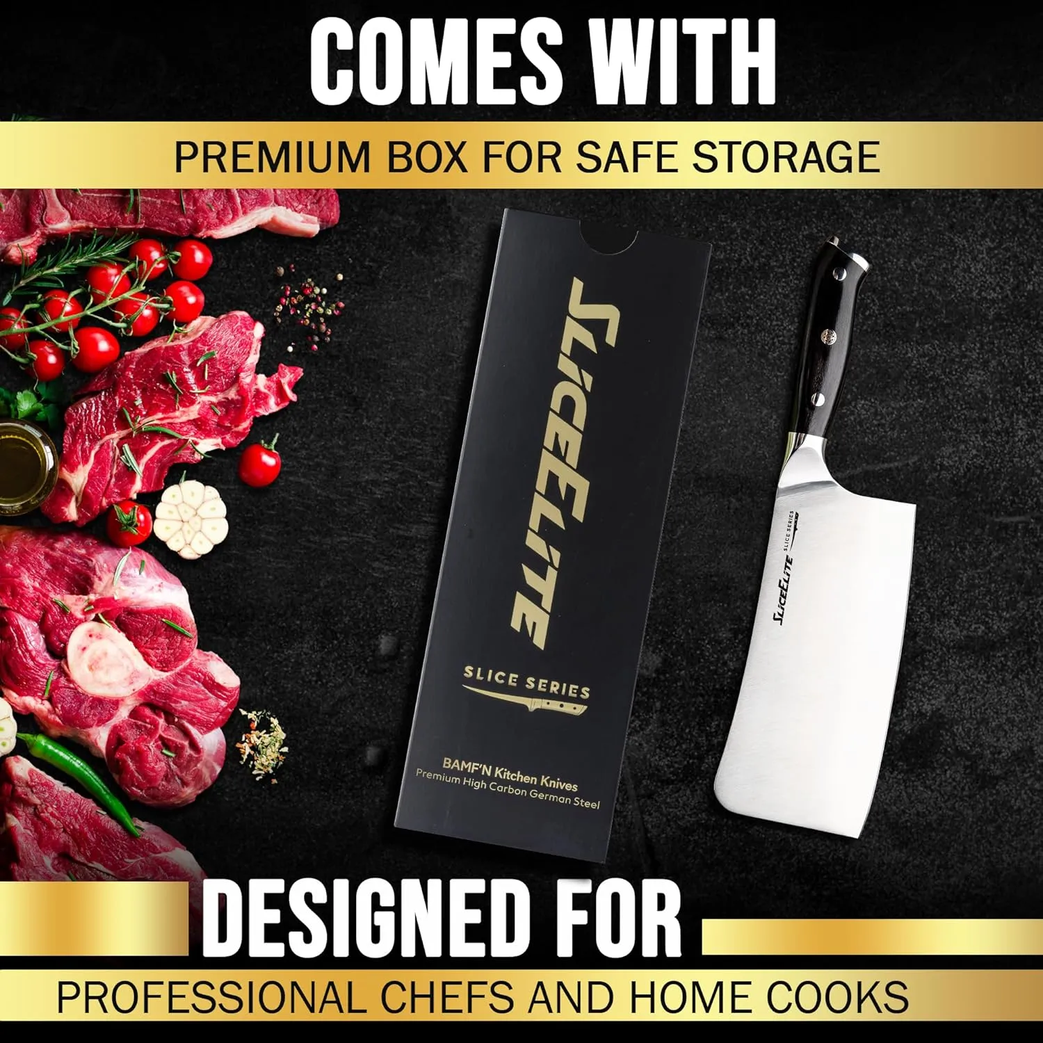 Slice Series 7-Inch Bone Cutting Knife – High Carbon German Steel, Pakkawood Handle | Meat Cleaver Knife & Chopper Butcher Knife with Durable Polymer Blade Guard | Meat Bone Cutter & Chopping