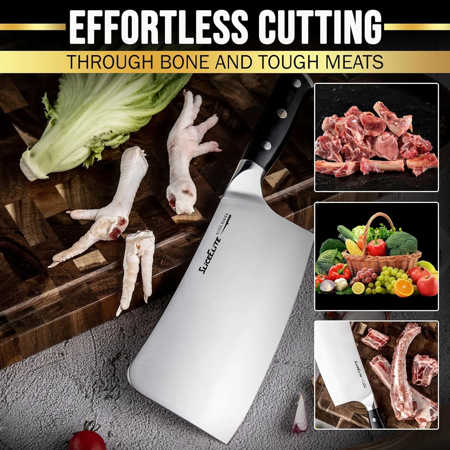 Slice Series 7-Inch Bone Cutting Knife – High Carbon German Steel, Pakkawood Handle | Meat Cleaver Knife & Chopper Butcher Knife with Durable Polymer Blade Guard | Meat Bone Cutter & Chopping