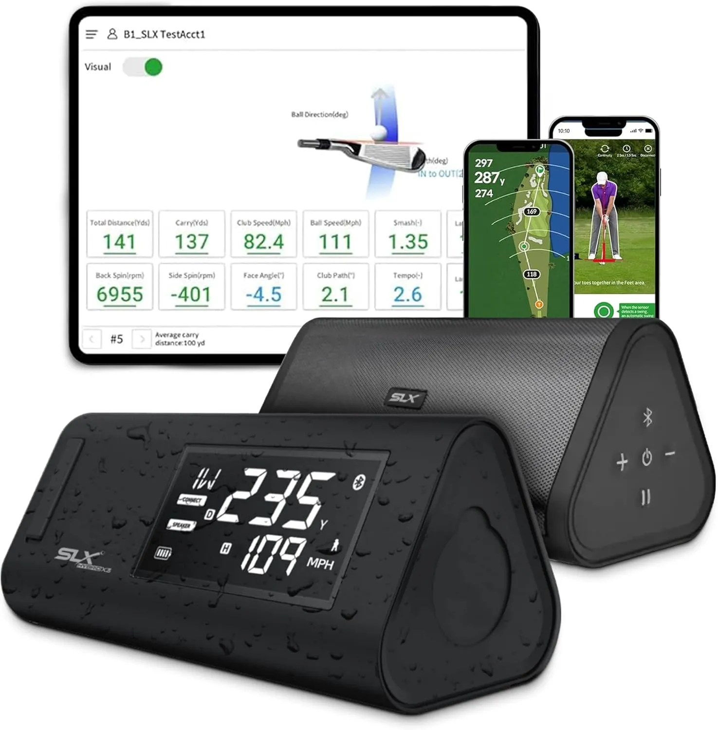 SLX Hybrid Launch Monitor - Effectively Track Your Ball Speed, Club Speed, Distance and Smash Factor - Portable Golf GPS Device via Bluetooth, Golf Radar Swing Speed Trainer (Pro)