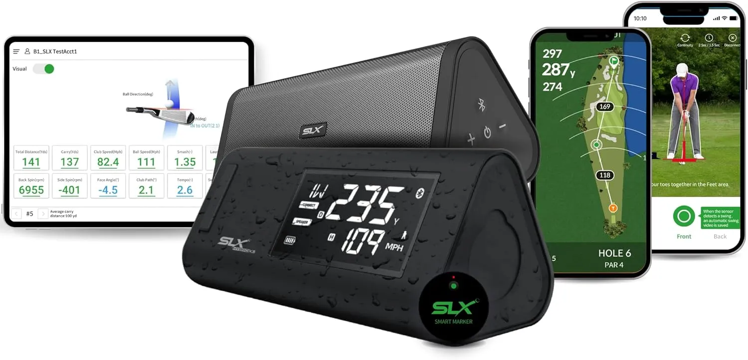 SLX Hybrid Pro Launch Monitor - Combined with HD Magnetic Speaker - Effectively Track Your Ball Speed, Club Speed, Distance and Smash Factor - Portable Golf GPS Device via Bluetooth (Black)