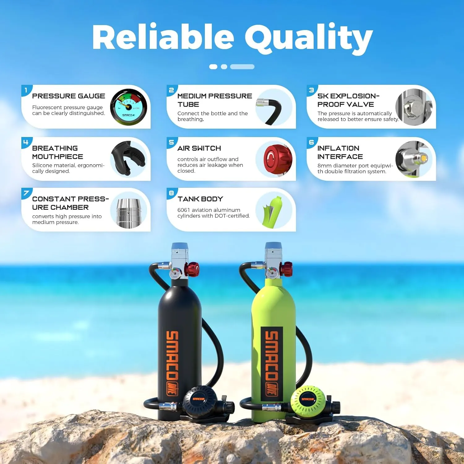 SMACO S400 1L Mini Scuba Tank Up to 20 Min Dive Time, Portable Diving Cylinder for Scuba Diving, Snorkeling &Emergency Rescue