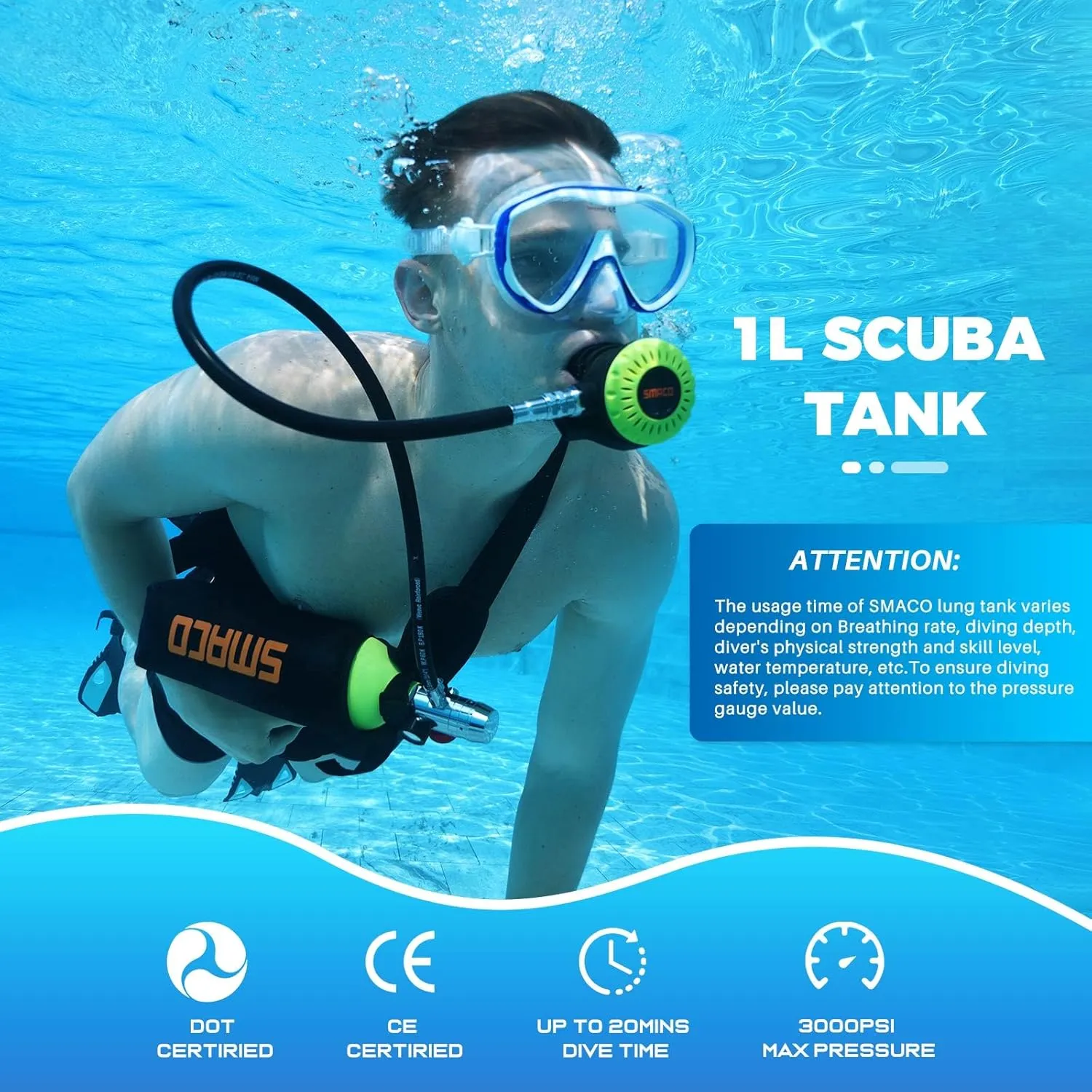 SMACO S400 1L Mini Scuba Tank Up to 20 Min Dive Time, Portable Diving Cylinder for Scuba Diving, Snorkeling &Emergency Rescue