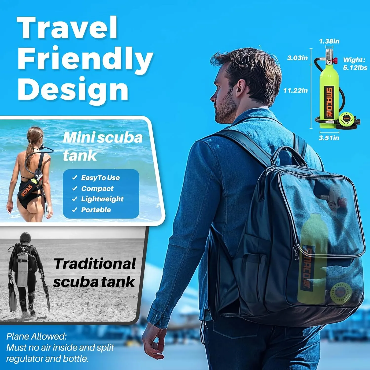 SMACO S400 1L Mini Scuba Tank Up to 20 Min Dive Time, Portable Diving Cylinder for Scuba Diving, Snorkeling &Emergency Rescue