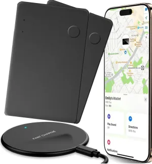 SmartCard Wallet (2 Pack), Bluetooth GPS Tracking Card, Compatible with Apple Find My App, Rechargeable Thin GPS Item Finder for Wallet, Luggage Tag, Passport, Smart Bluetooth Tracking, Black