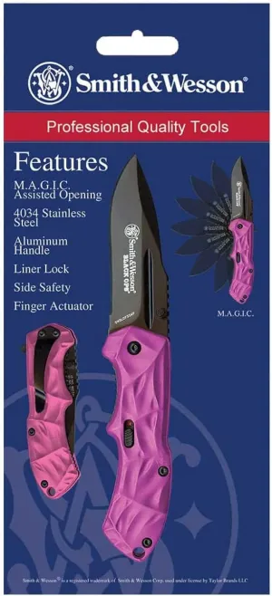 Smith & Wesson Black Ops SWBLOP3SMP Pink 5.8in S.S. Assisted Opening Knife with 2.5in Drop Point Blade and Aluminum Handle for Tactical, Survival and EDC