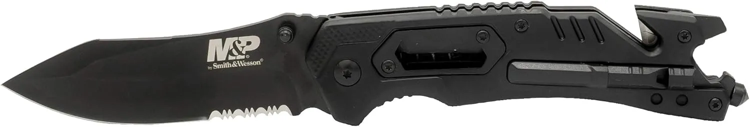 Smith & Wesson M&P 8.5in High Carbon S.S. Spring Assisted Folding Knife with 3.5in Serrated Drop Point Blade and Rubber Handle for Outdoor Survival and EDC