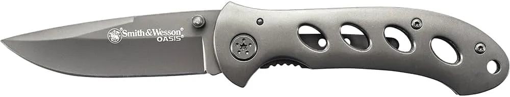 Smith & Wesson Oasis SW423B 7.5in S.S. Folding Knife with a 3.2in Serrated Drop Point Blade and Titanium Coated Handle for Outdoor, Tactical, Survival and EDC
