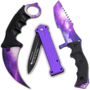 Snake Eye Tactical Triple Set Fixed Blade Mini Huntsman Folding Knife Outdoors Hunting Camping Fishing Self Defense (Purple)