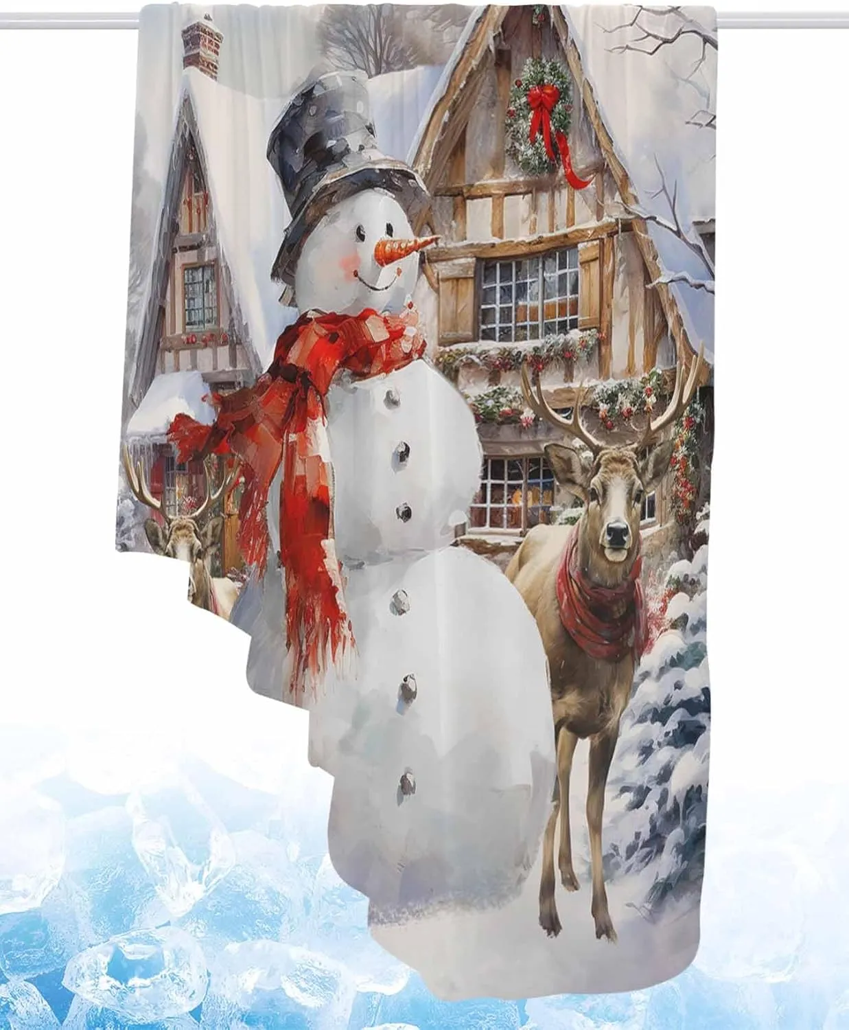 Snowman Elk Wooden House Christmas Cooling Blankets for Hot Sleepers Cool Throw Blanket, Lightweight Ice Blanket 60" x 80" Summer Twin Cold Blankets for Night Sweats