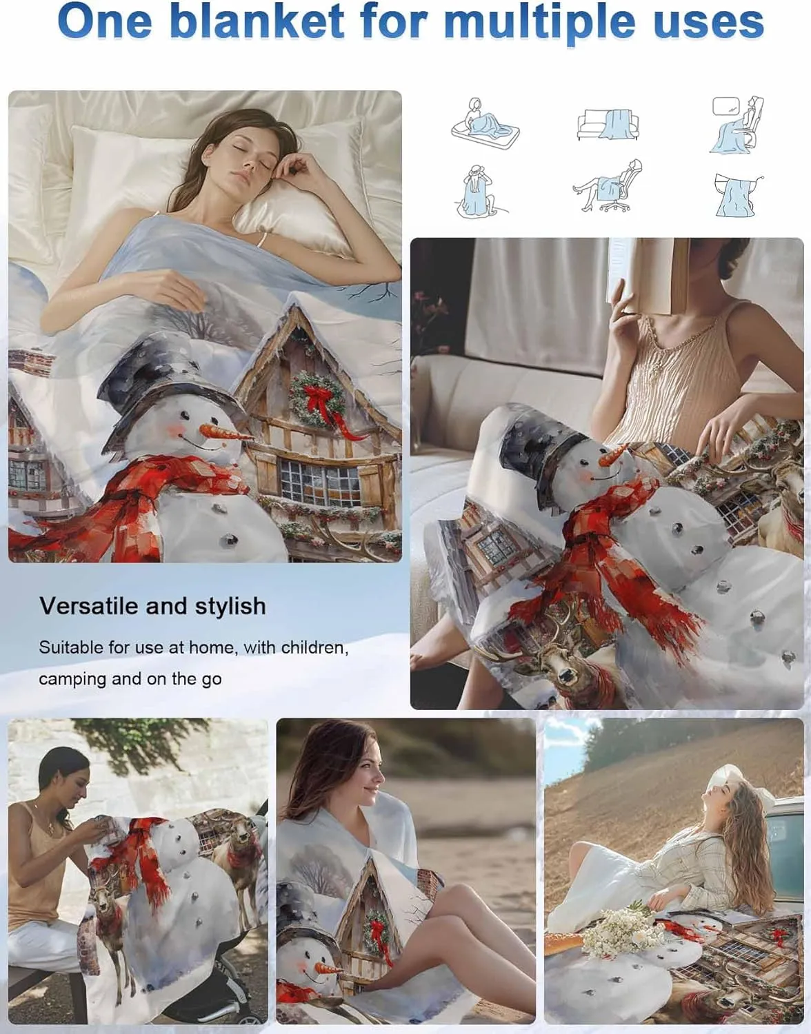 Snowman Elk Wooden House Christmas Cooling Blankets for Hot Sleepers Cool Throw Blanket, Lightweight Ice Blanket 60" x 80" Summer Twin Cold Blankets for Night Sweats