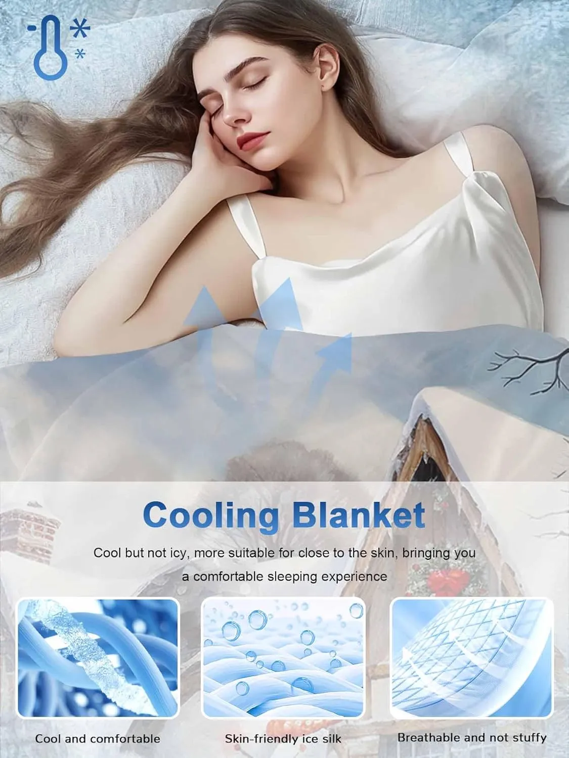 Snowman Elk Wooden House Christmas Cooling Blankets for Hot Sleepers Cool Throw Blanket, Lightweight Ice Blanket 60" x 80" Summer Twin Cold Blankets for Night Sweats