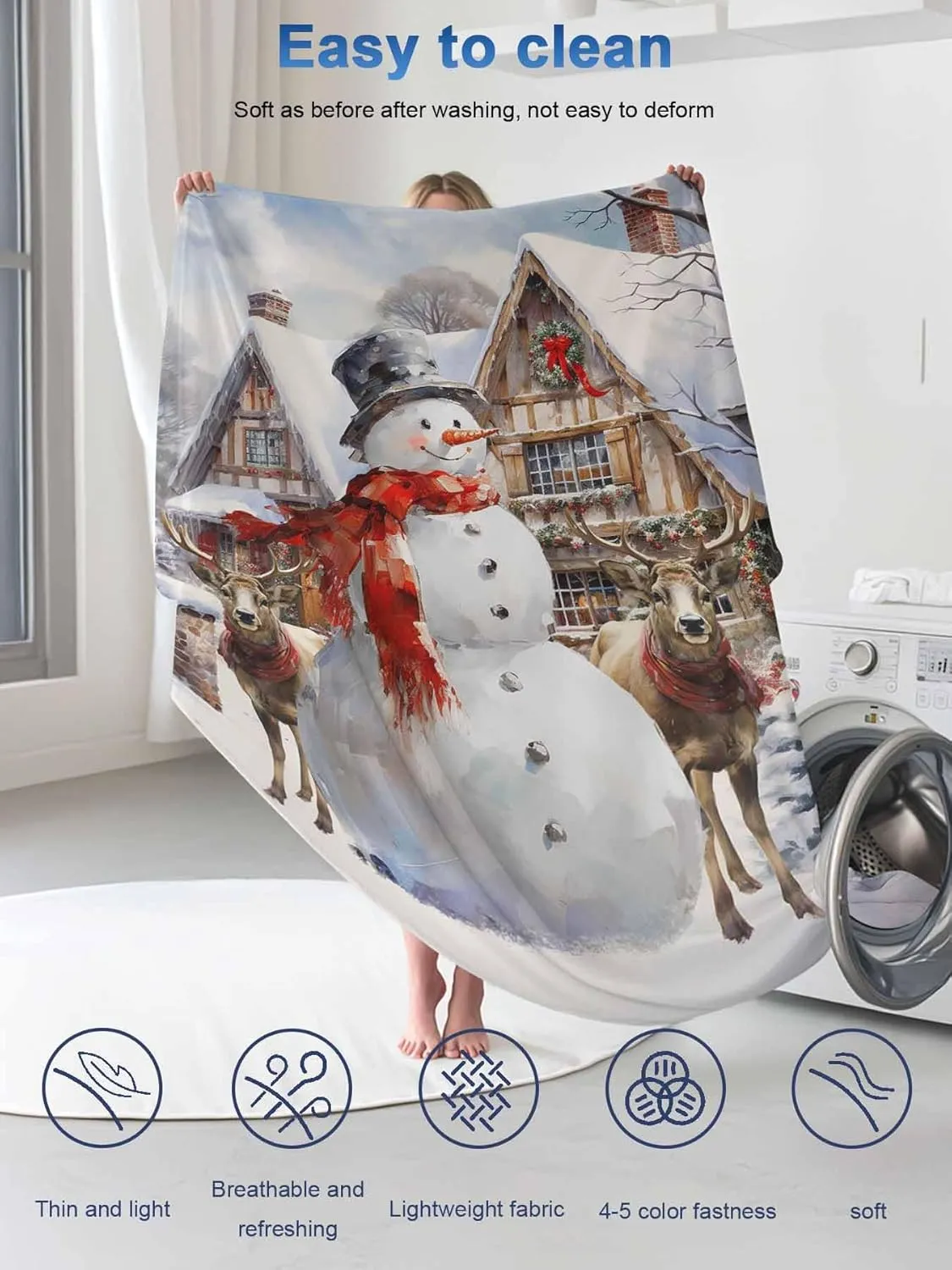 Snowman Elk Wooden House Christmas Cooling Blankets for Hot Sleepers Cool Throw Blanket, Lightweight Ice Blanket 60" x 80" Summer Twin Cold Blankets for Night Sweats
