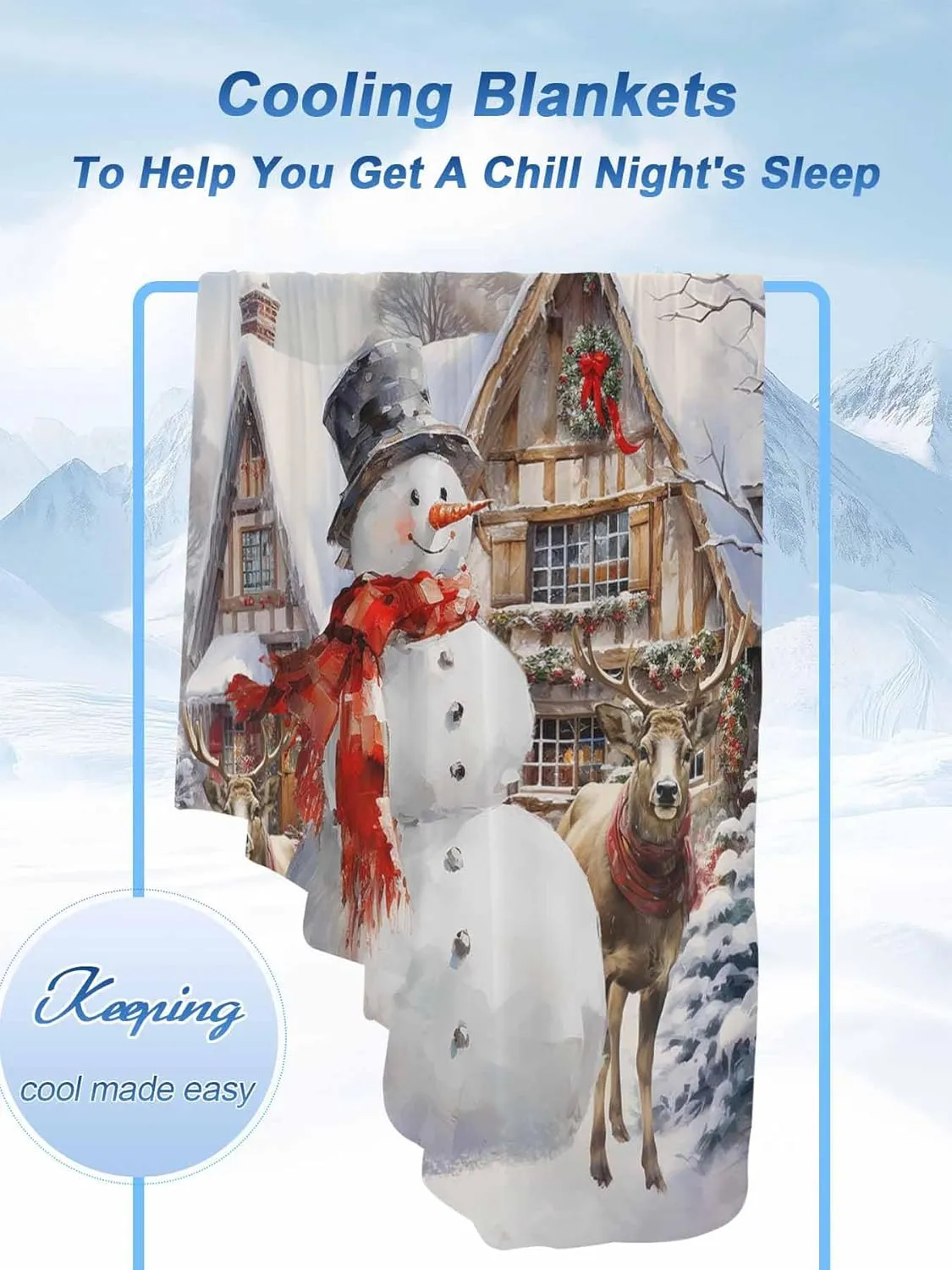 Snowman Elk Wooden House Christmas Cooling Blankets for Hot Sleepers Cool Throw Blanket, Lightweight Ice Blanket 60" x 80" Summer Twin Cold Blankets for Night Sweats