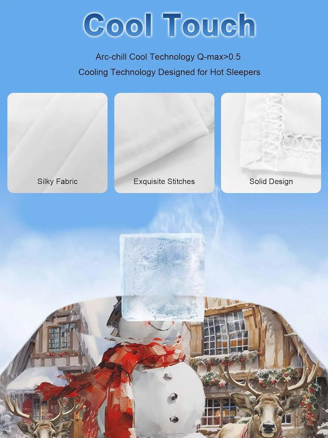 Snowman Elk Wooden House Christmas Cooling Blankets for Hot Sleepers Cool Throw Blanket, Lightweight Ice Blanket 60" x 80" Summer Twin Cold Blankets for Night Sweats