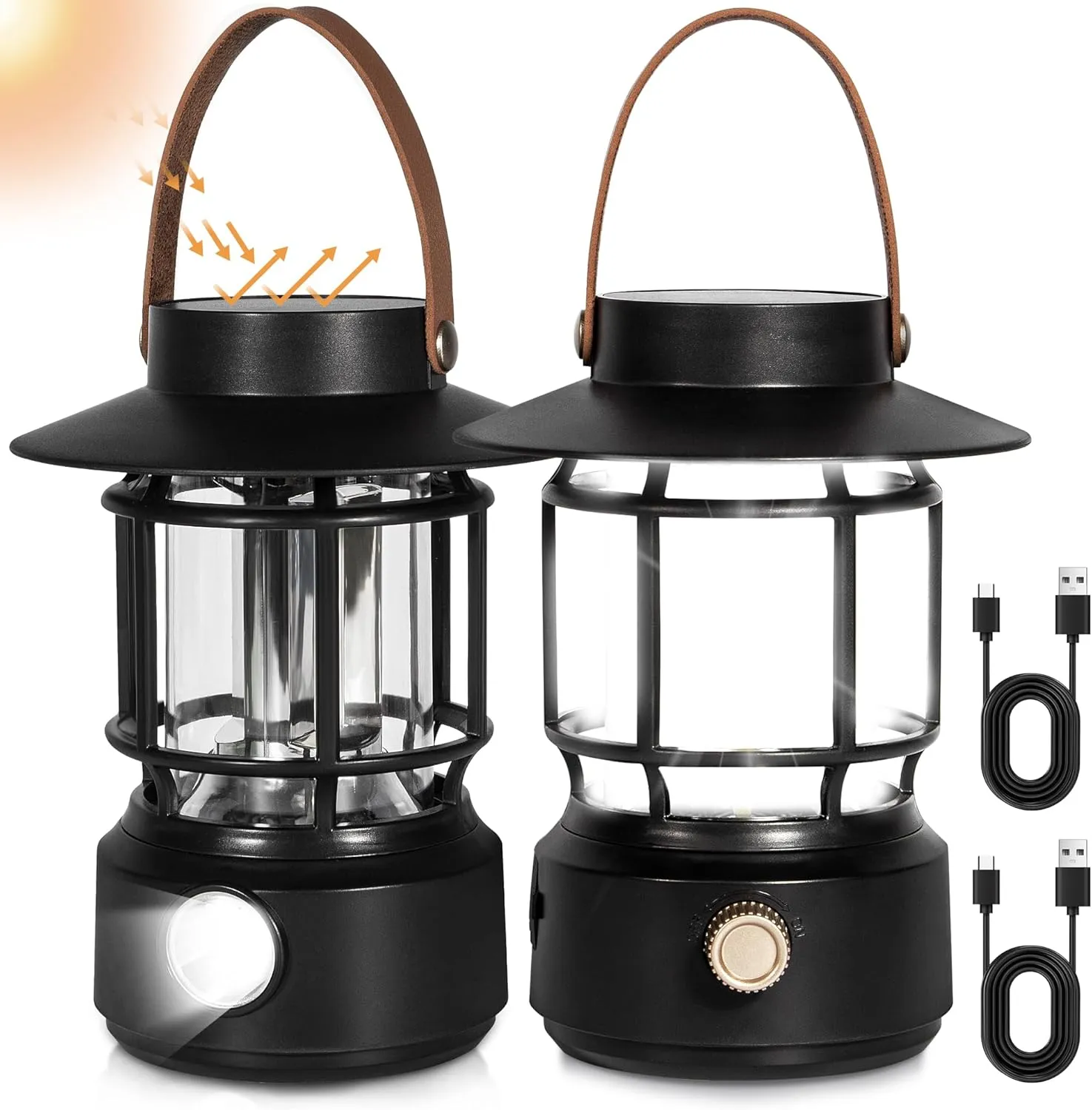 Solar Camping Lantern 2Pack, Rechargeable LED Lantern with COB, Waterproof, Dimmable Tent Lamp, Retro Portable Lightweight Flashlights&Lanterns for Power Outages, Camping Essentials, Emergency