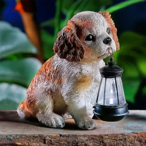 Solar Dog Garden Lantern Decoration White Spaniel Puppy - 15cm By Bright Garden