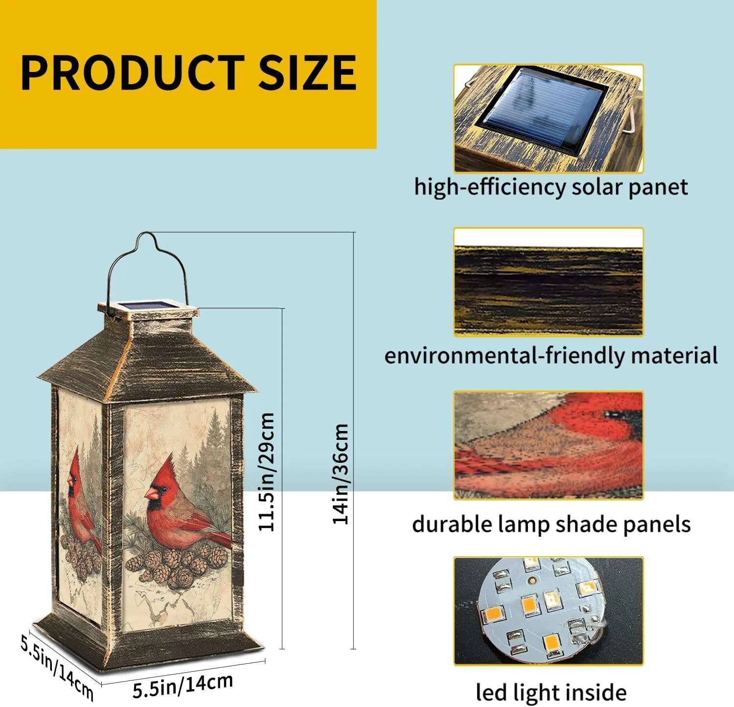 Solar Lantern Distressed Vintage Cardinal Print Evergreen Accents Outdoor Waterproof Garden Hanging Lantern Solar Powered Lighting Outside Table Lamp for Patio Deck Camping 1 Pack