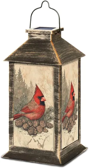 Solar Lantern Distressed Vintage Cardinal Print Evergreen Accents Outdoor Waterproof Garden Hanging Lantern Solar Powered Lighting Outside Table Lamp for Patio Deck Camping 1 Pack