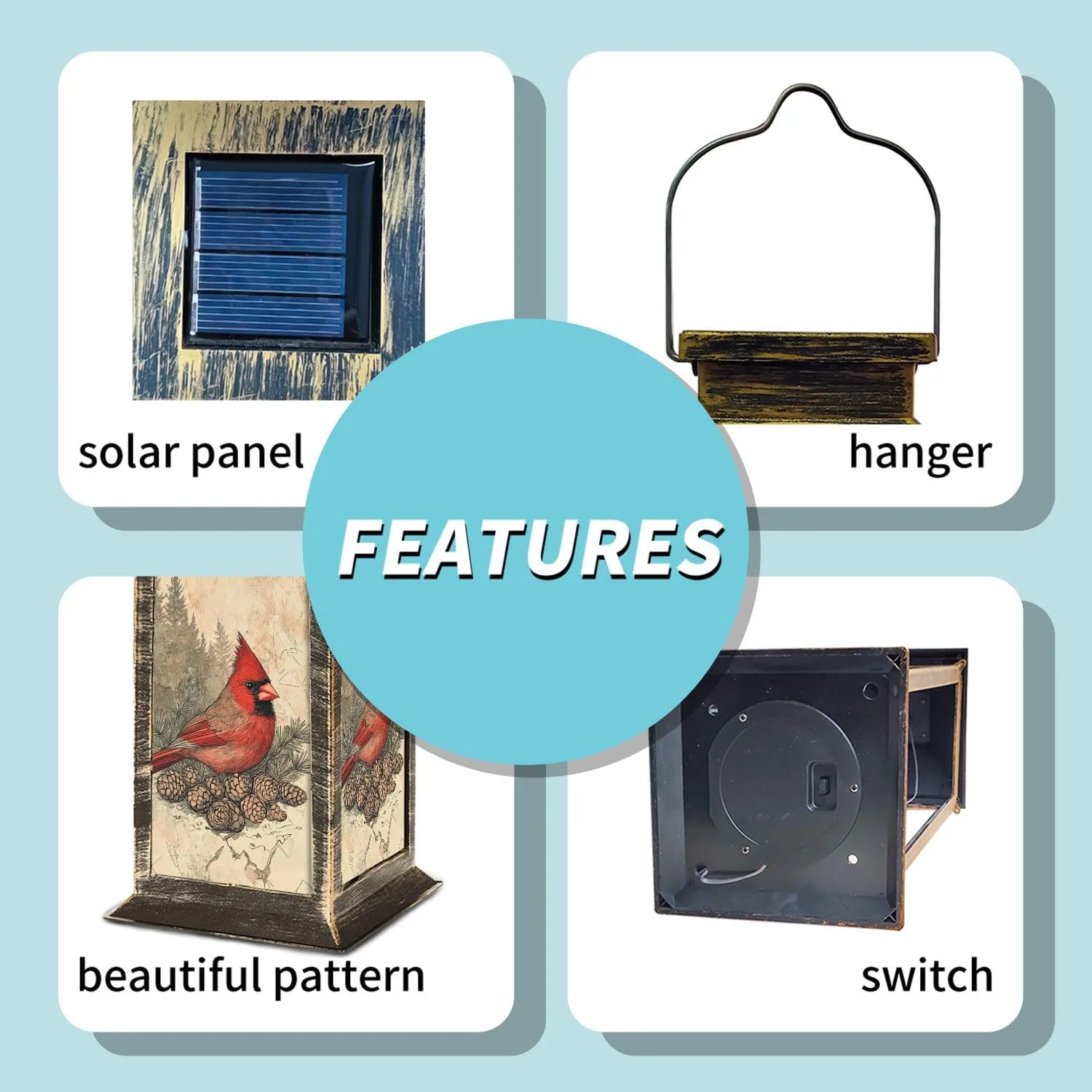 Solar Lantern Distressed Vintage Cardinal Print Evergreen Accents Outdoor Waterproof Garden Hanging Lantern Solar Powered Lighting Outside Table Lamp for Patio Deck Camping 1 Pack