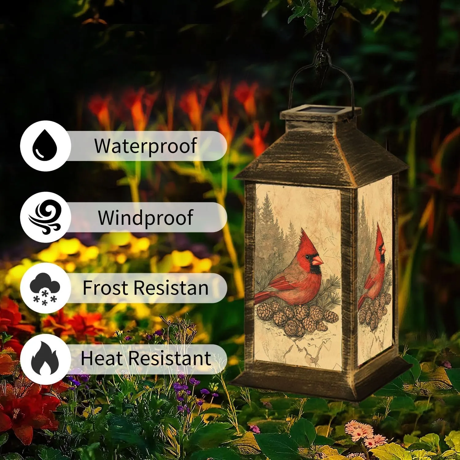 Solar Lantern Distressed Vintage Cardinal Print Evergreen Accents Outdoor Waterproof Garden Hanging Lantern Solar Powered Lighting Outside Table Lamp for Patio Deck Camping 1 Pack