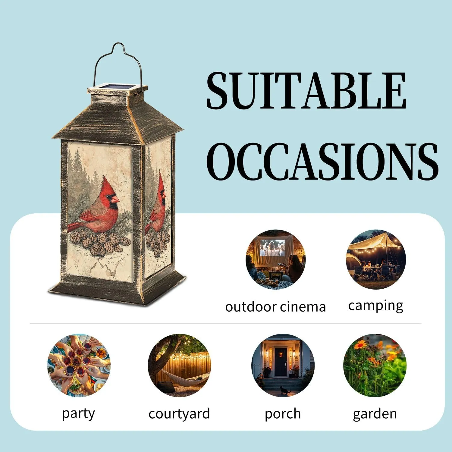 Solar Lantern Distressed Vintage Cardinal Print Evergreen Accents Outdoor Waterproof Garden Hanging Lantern Solar Powered Lighting Outside Table Lamp for Patio Deck Camping 1 Pack