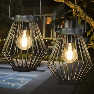 Solar Lanterns Outdoor Waterproof, Retro Metal Solar Hanging Lights for Outside, Solar Powered LED Lamps Outdoor Decor for Garden Porch Patio Backyard Pathway Lawn, Auto ON/Off - 2 Pack (Warm White)