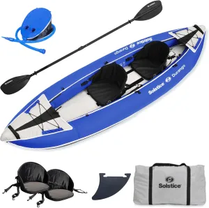 Solstice Durango 1 to 2 Person Inflatable Fishing Kayak Boat W/Fabric Cover for Adults & Kids 11' X 37.5'' | Tandem 2 Adjustible Bucket Seats, Bungee Storage, Skeg Pump Bag | Heavy Duty PVC & Fabric