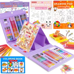 Soucolor Art Supplies, 283 Pieces Drawing Set Art Kits with Trifold Easel, 2 Drawing Pads, 1 Coloring Book, Crayons, Pastels, Arts and Crafts Gifts Case for Kids Girls Boys Teens Beginners (Purple)