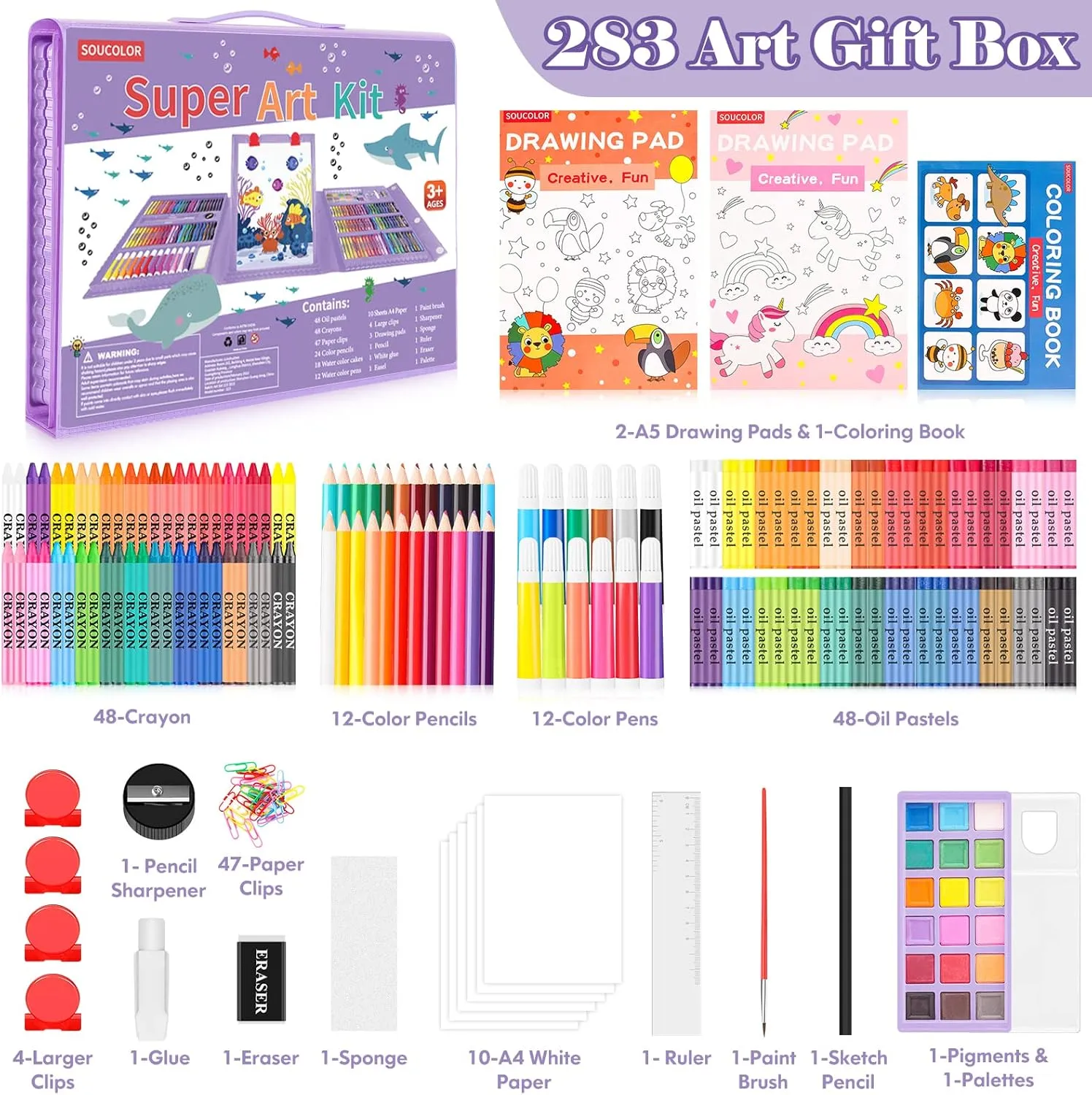 Soucolor Art Supplies, 283 Pieces Drawing Set Art Kits with Trifold Easel, 2 Drawing Pads, 1 Coloring Book, Crayons, Pastels, Arts and Crafts Gifts Case for Kids Girls Boys Teens Beginners (Purple)